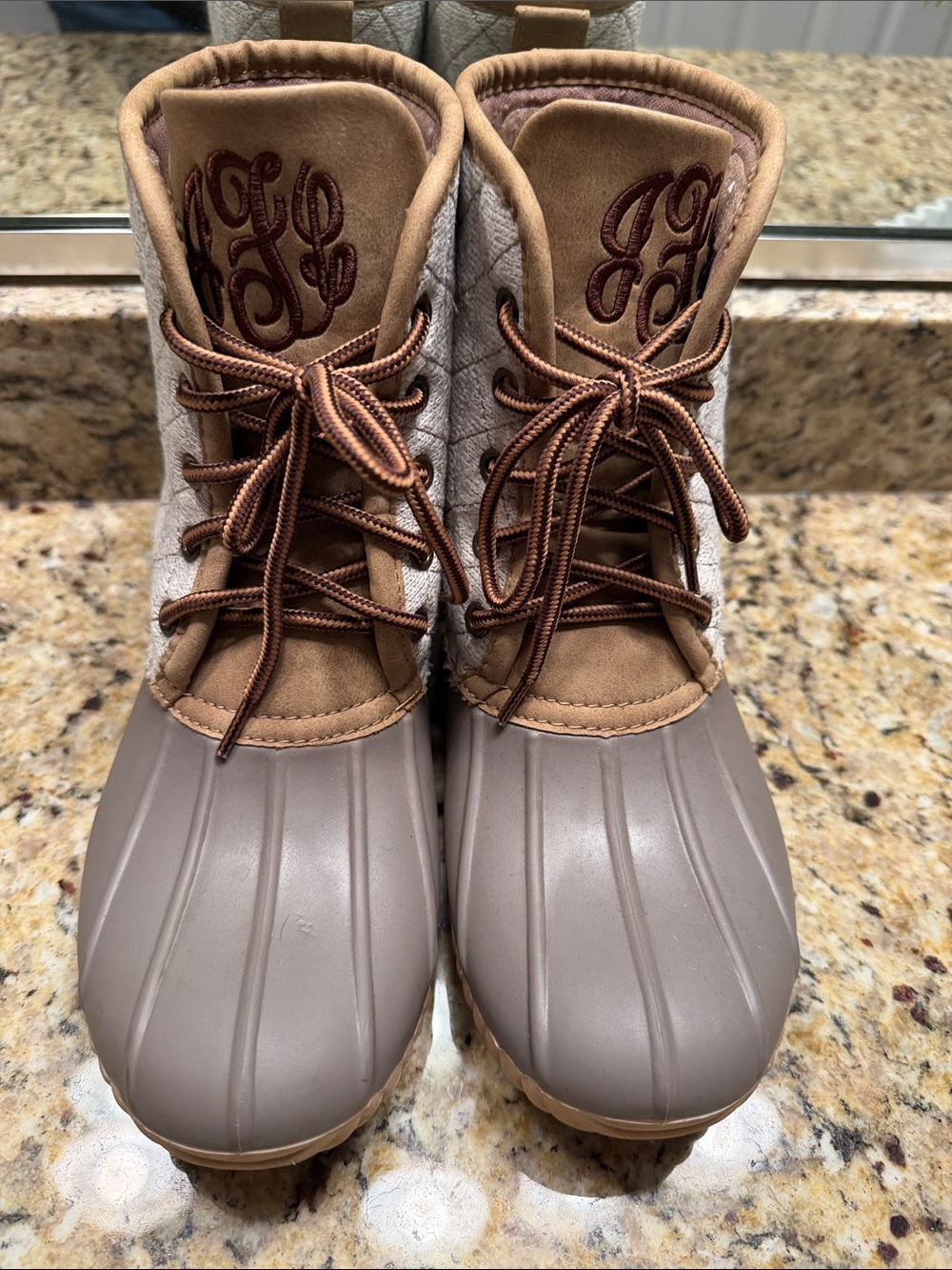 Quilted Duck Rain monogram Boots in Taupe and Brown